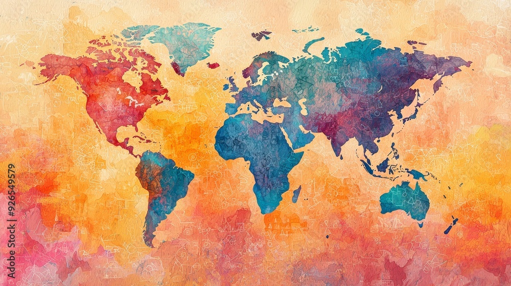 Naklejka premium Watercolor interpretation of a digital world map for global connection themes.