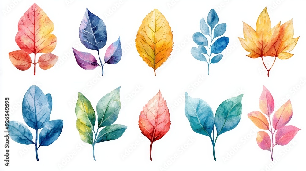 Fototapeta premium Watercolor leaf motifs with a calming palette for wellness presentations.