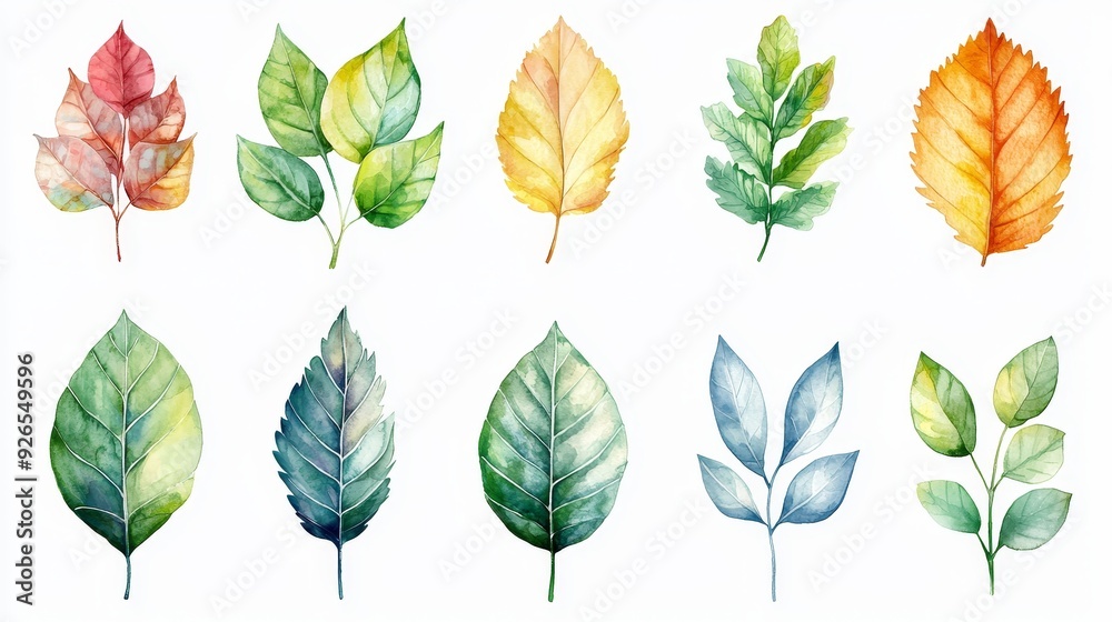 Obraz premium Watercolor leaf motifs with a calming palette for wellness presentations.