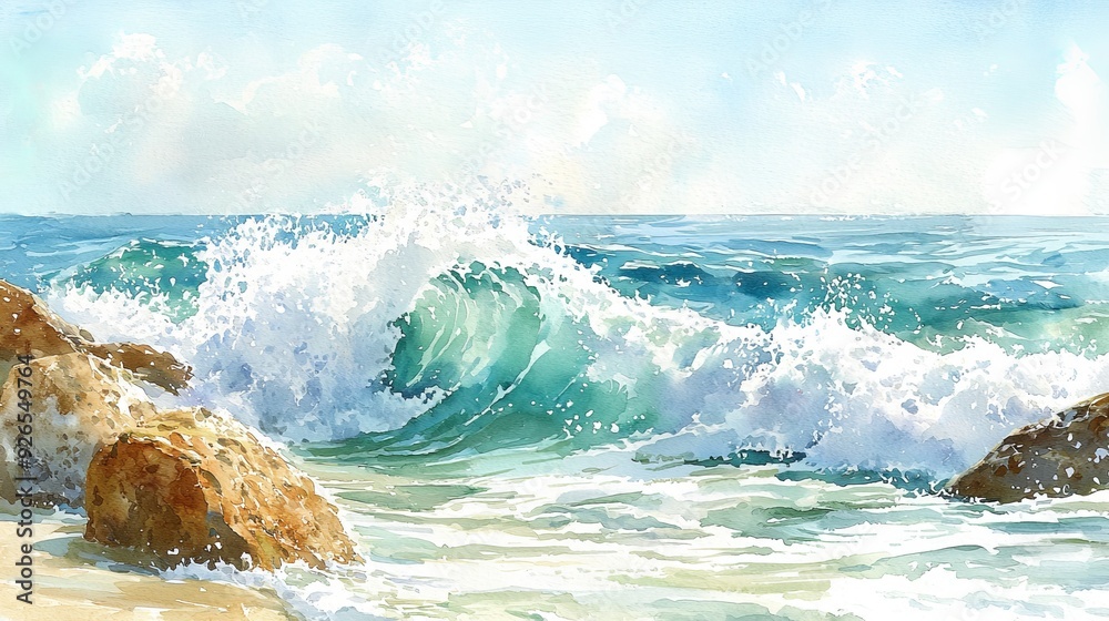 Fototapeta premium Watercolor ocean waves crashing against rocks for marine-themed presentations.