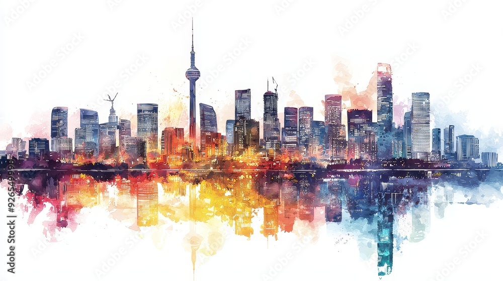 Obraz premium Watercolor skyline of a major city for urban development presentation themes.