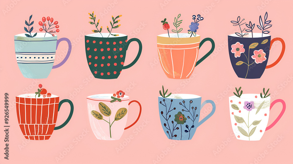 Set of various cups with tea or coffee. Side view Set of various cups with tea or coffee. Side view