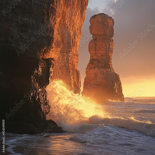 The majestic sea stack at Praia do Lourical, bathed in the golden light of sunset, with waves crashing against the rugged cliffs photo