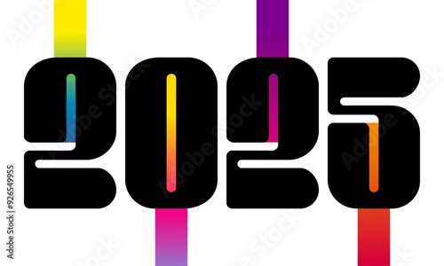2025 - Bannière fantaisie avec des chiffes moderne et originaux noirs décorés de bandeaux aux effets de dégradés aux couleurs arc en ciel.