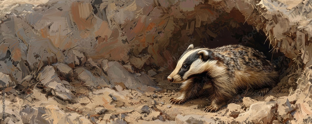 Obraz premium A badger emerging from its sett in a drought-impacted area, searching for food in hardened soil