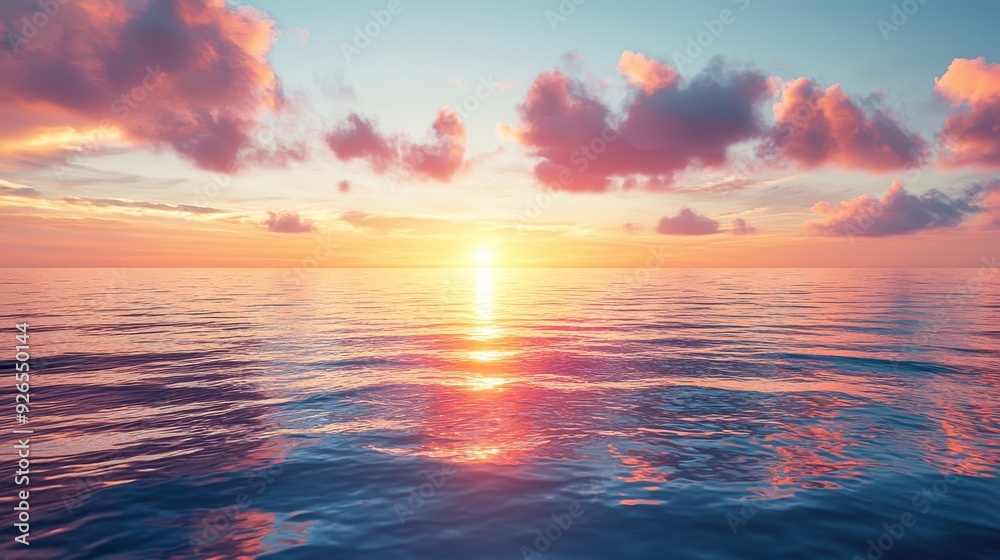 Obraz premium Watercolor sunset over an ocean horizon for calm and reflective presentations.