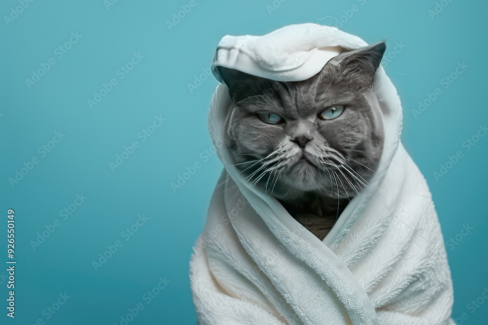 A grumpy gray cat wrapped in a white towel, looking annoyed on a blue background.