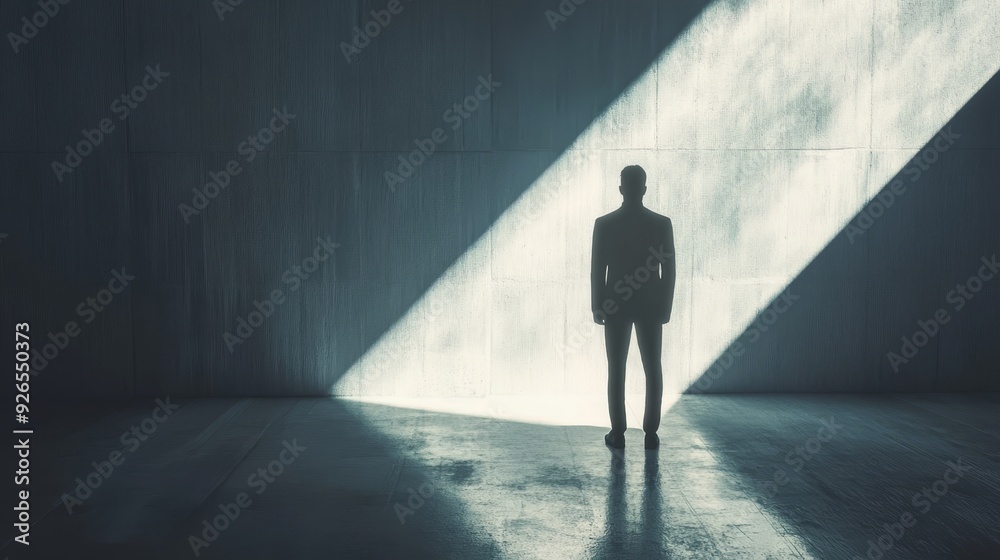 Artistic image of man s striking silhouette in bright light, casting dramatic shadow Artistic image of man s striking silhouette in bright light, casting dramatic shadow
