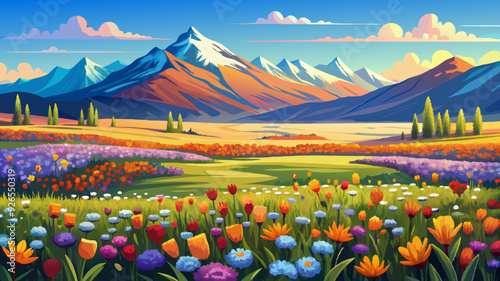 Vast plains filled with colorful wildflowers stretching towards the tall mountains on the horizon