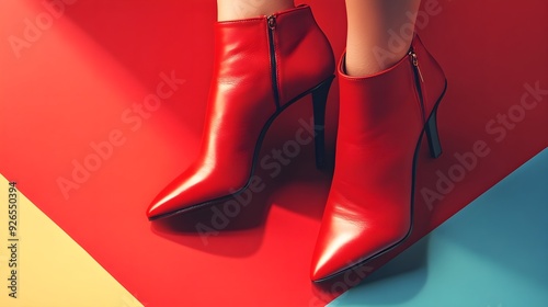 Red women boots with zipper on high heels on tricolor background, best graphic resources