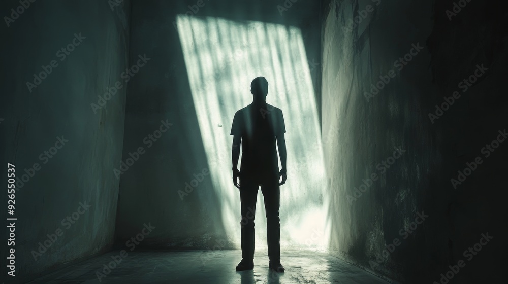 Artistic man silhouette in bright light casting dramatic shadow for striking image Artistic man silhouette in bright light casting dramatic shadow for striking image
