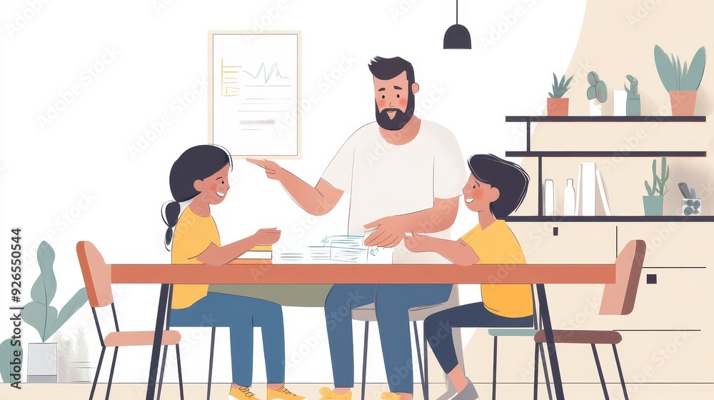 A father engages with his two children as they work on school assignments together at home A father engages with his two children as they work on school assignments together at home