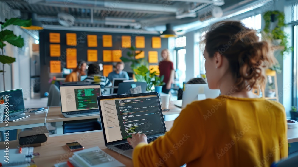 High-energy tech team coding in a collaborative space, with progress boards displaying real-time updates. High-energy tech team coding in a collaborative space, with progress boards displaying real-time updates.