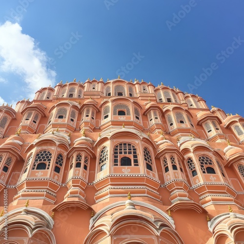 The pink sandstone walls of Hawa Mahal contrast beautifully with the bright blue sky above, capturing the essence of Jaipur's architectural heritage