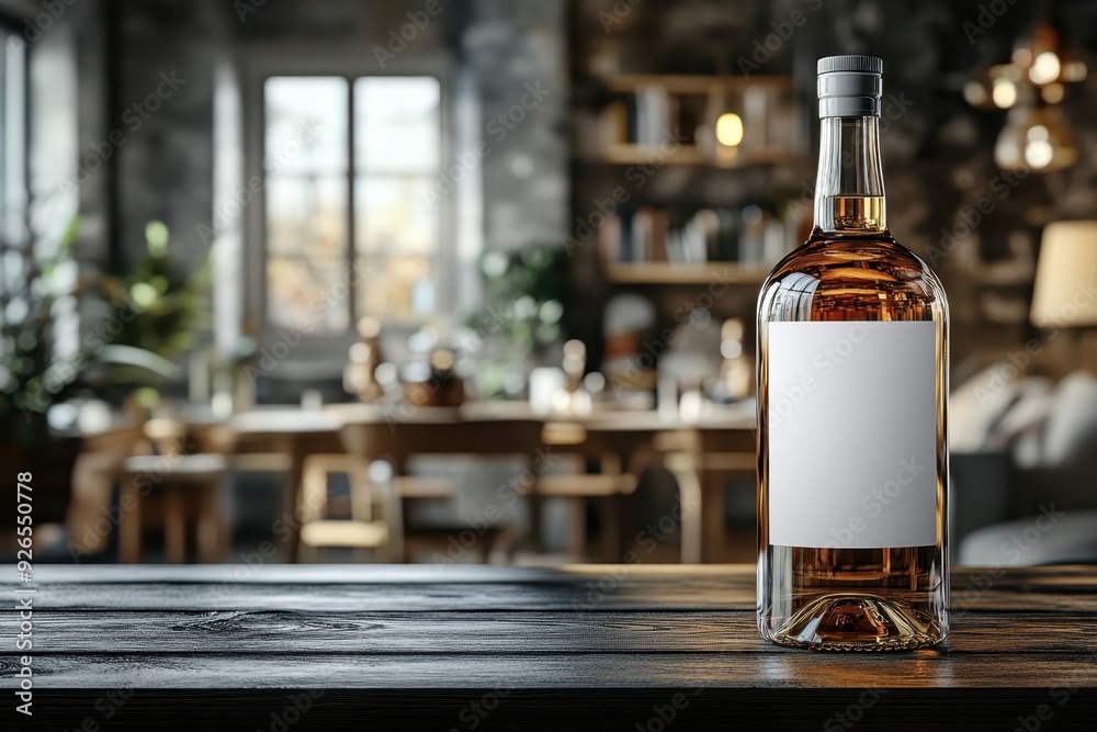 Bottle of vodka with blank white label placed on the right side of table. Blurred dining room in the background. Professional shot. Bottle of vodka with blank white label placed on the right side of table. Blurred dining room in the background. Professional shot.