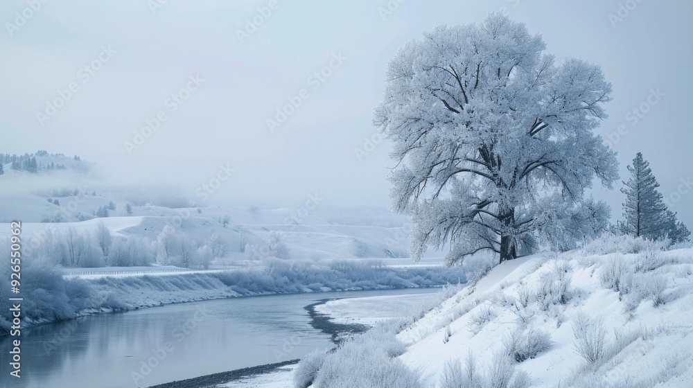 Frosty winter scene with a snow-covered tree beside a frozen river, evoking peaceful solitude. Frosty winter scene with a snow-covered tree beside a frozen river, evoking peaceful solitude.