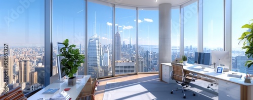 Smart workspace with voice-activated tech in a high-rise office offering panoramic city views. photo