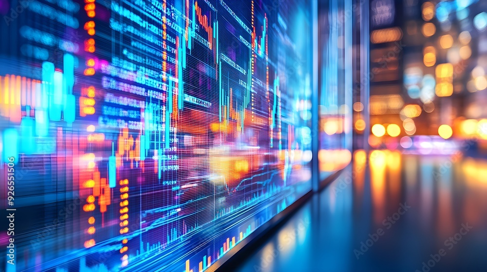 Digital Stock Market Data Screen with City Lights Digital Stock Market Data Screen with City Lights