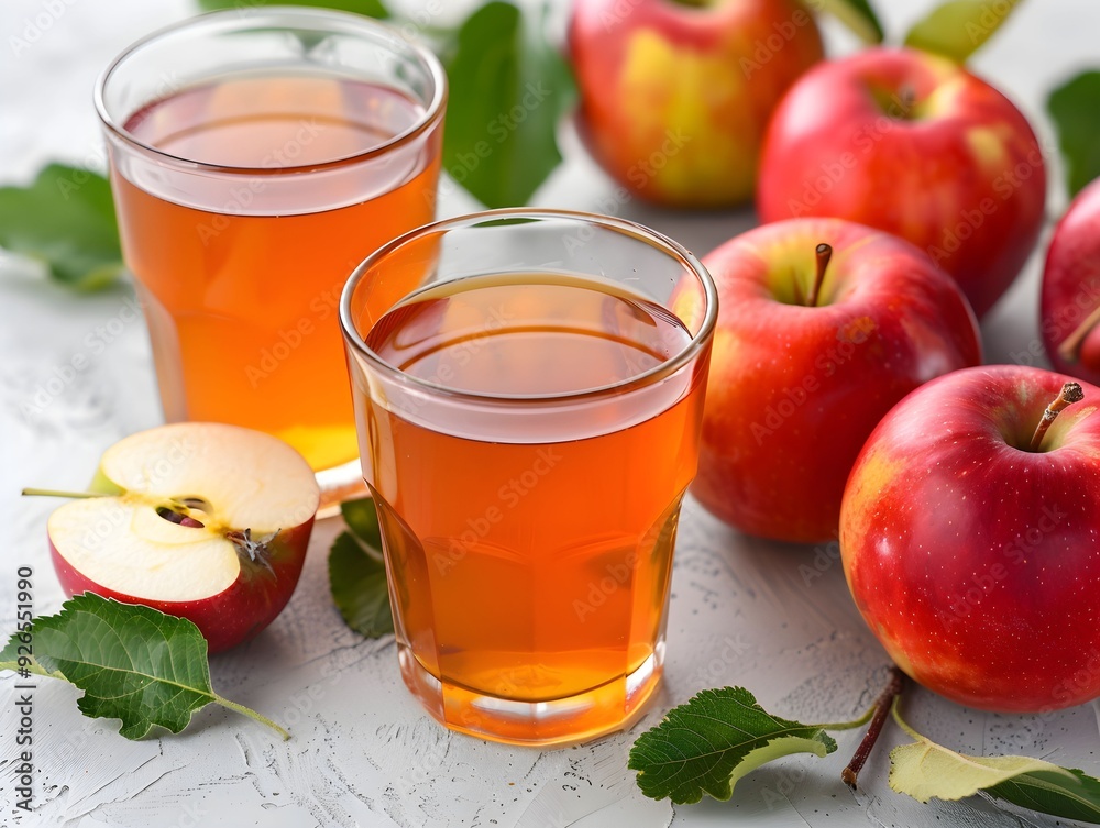 Fresh apple juice in glasses with whole and sliced apples on a textured surface Fresh apple juice in glasses with whole and sliced apples on a textured surface