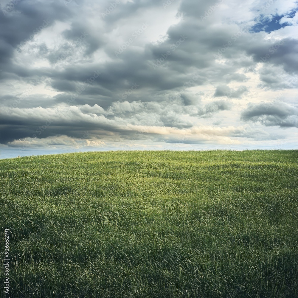 Obraz premium The vivid green of a grassy field contrasts with a cloudy sky above, highlighting the beauty and unpredictability of nature