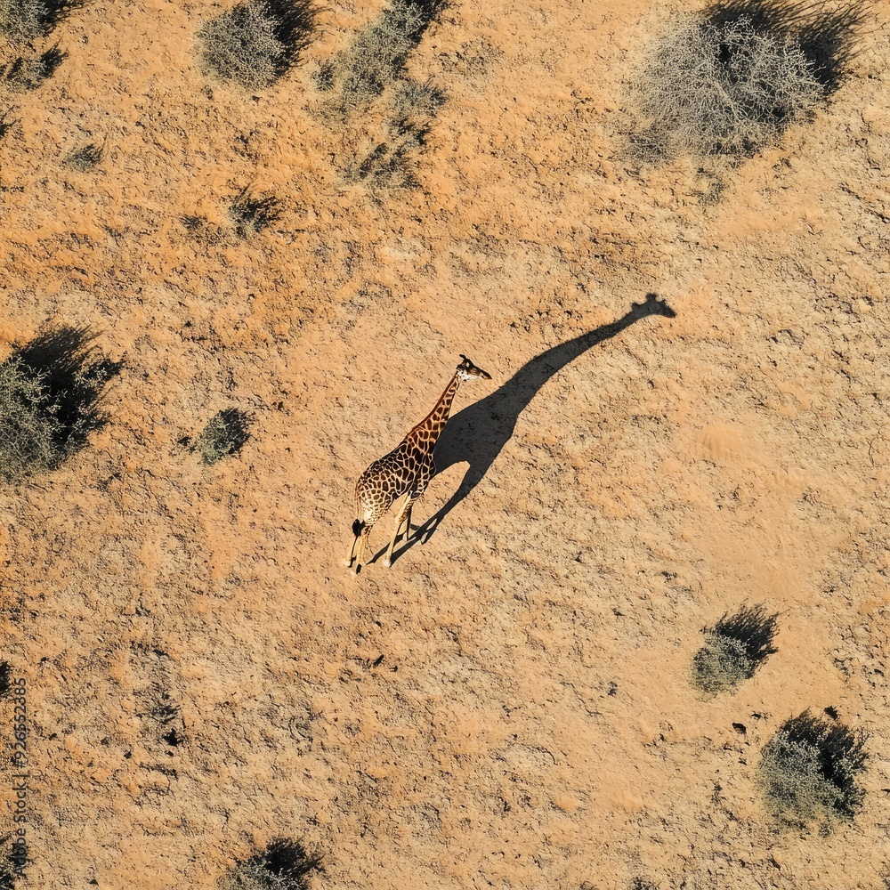 Top-down view of the Intu Kalahari Desert, where a solitary giraffe moves gracefully across the arid terrain, Namibia Top-down view of the Intu Kalahari Desert, where a solitary giraffe moves gracefully across the arid terrain, Namibia