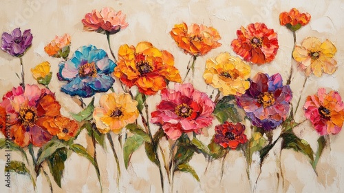 Vibrant flowers in a variety of colors displayed on a soft beige background, their vivid petals standing out and adding a cheerful touch to the composition.