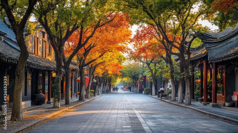 Obraz premium Vibrant trees lining the streets of the historic center of Zhangzhou, Fujian, with traditional architecture in the background.