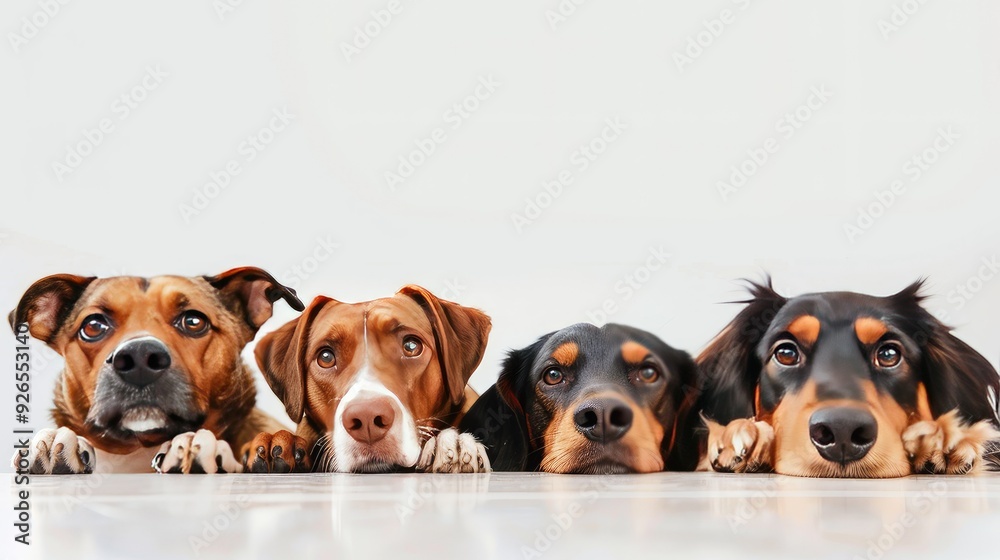 Four dogs, two brown and two black,  look up curiously with their paws resting on a white surface.