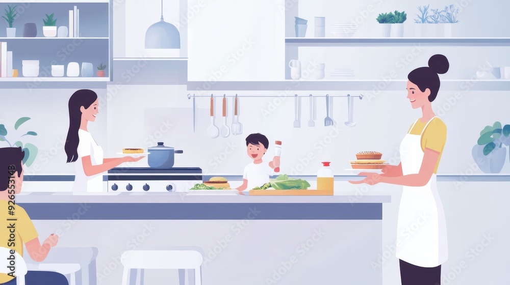 A woman serves food while another prepares ingredients, and a child smiles in a cheerful kitchen