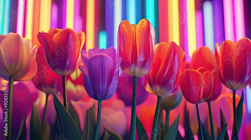 Vibrant tulips arranged elegantly against a backdrop of glowing neon lights, merging nature with urban aesthetics.