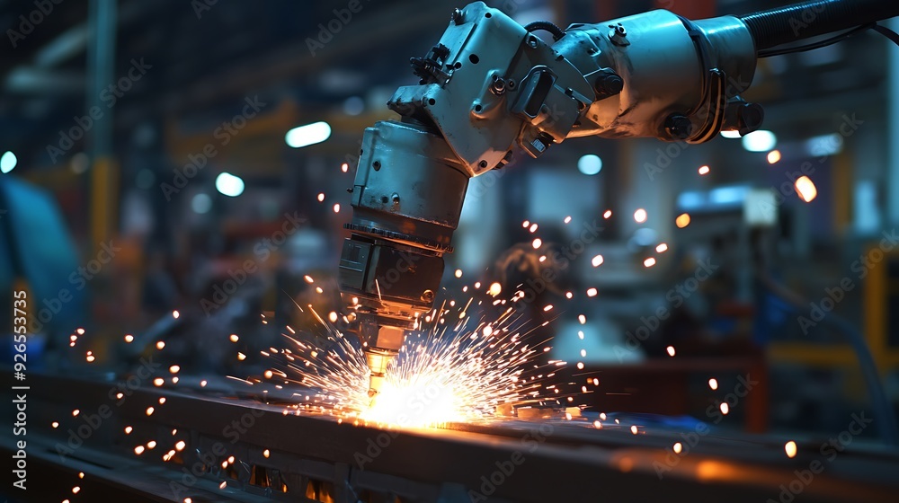 A robotic arm is welding a metal beam. Sparks fly from the welding process, illuminating the dark factory. A robotic arm is welding a metal beam. Sparks fly from the welding process, illuminating the dark factory.