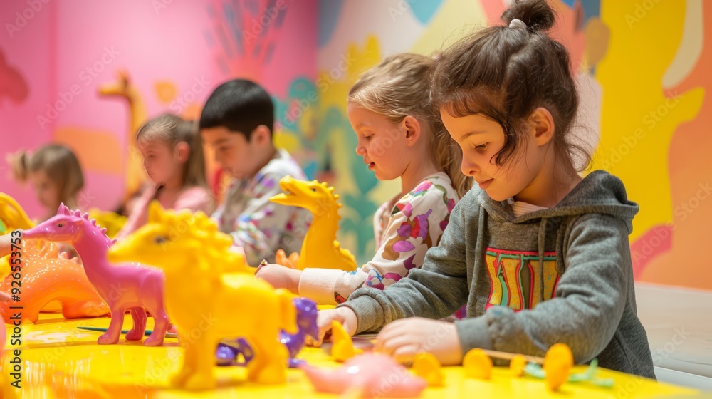 group of children creating colorful animal designs in a vibrant art studio filled with bright walls, yellow and pink plastic toys, and sculptures, capturing the lively and creative energy group of children creating colorful animal designs in a vibrant art studio filled with bright walls, yellow and pink plastic toys, and sculptures, capturing the lively and creative energy