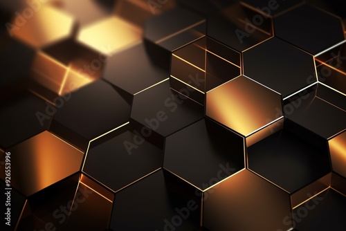 Abstract background of black and gold hexagonal pattern.
