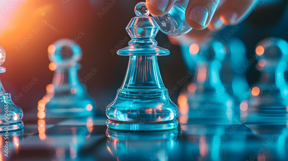 Glass Chess Piece Closeup, Blue & Orange Lighting Glass Chess Piece Closeup, Blue & Orange Lighting