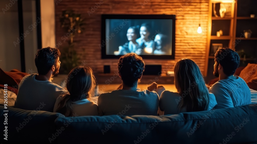 A group of friends sits comfortably on a couch, engrossed in a film on the television