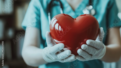 Nurse with stethoscope, holding red heart on hospital room background. Health Day Concept.