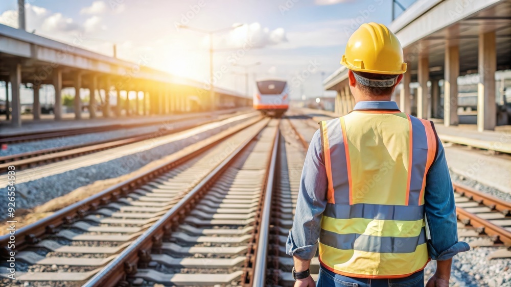 Railway Worker in Safety Gear Standing on Tracks as Train Approaches, Daytime at Industrial Station Railway Worker in Safety Gear Standing on Tracks as Train Approaches, Daytime at Industrial Station
