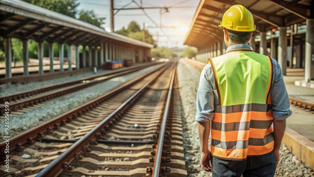 Construction Worker in Reflective Vest and Hard Hat Inspecting Railway Tracks at Quiet Train Station Construction Worker in Reflective Vest and Hard Hat Inspecting Railway Tracks at Quiet Train Station