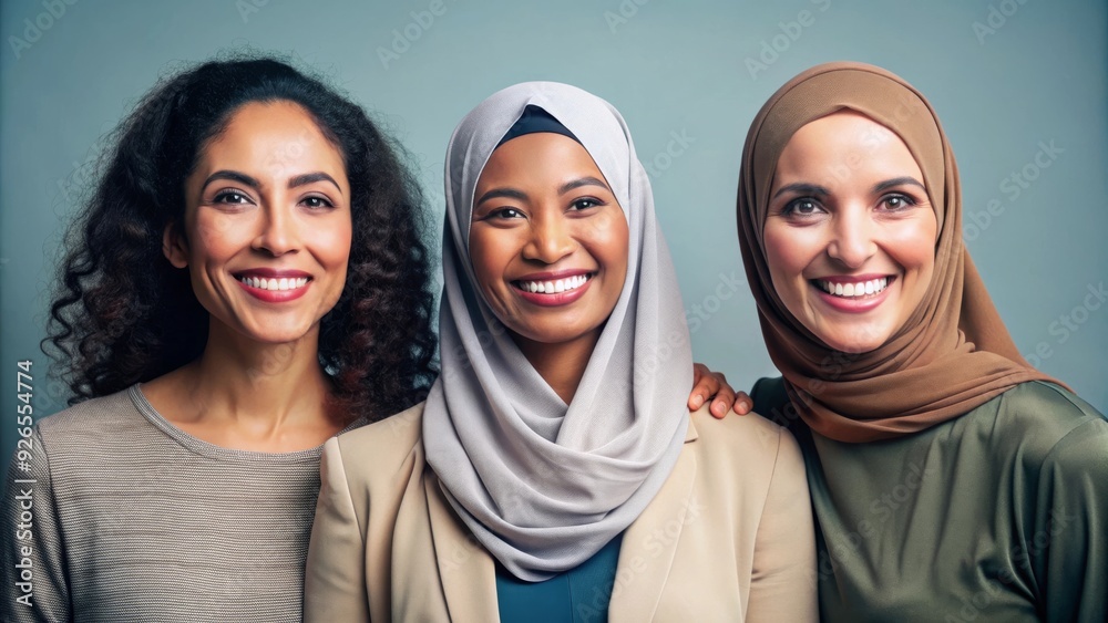 Diverse Group of Smiling Women in Hijabs and Casual Attire, Celebrating Friendship and Unity Diverse Group of Smiling Women in Hijabs and Casual Attire, Celebrating Friendship and Unity