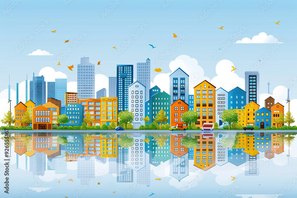 Modern colorful city skyline reflecting in water illustration