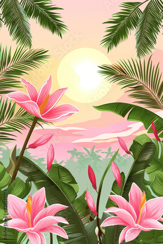 Tropical sunset illustration with pink flowers and palm leaves