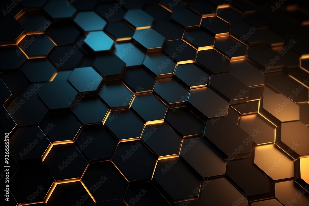 Abstract background with black hexagonal pattern and glowing edges.