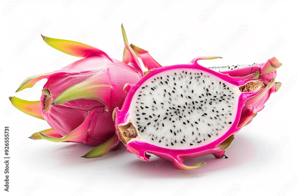 dragon fruit cut in half with pink and white pulp against a clean white background dragon fruit cut in half with pink and white pulp against a clean white background