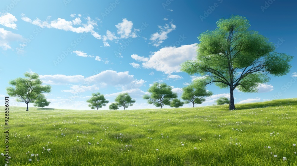 Obraz premium A serene landscape featuring lush green grass and trees under a bright blue sky.