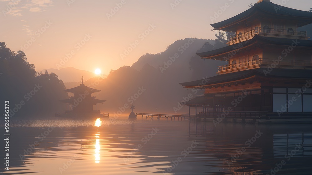 Obraz premium Sunset Scene of Pagodas Buddhist holy site