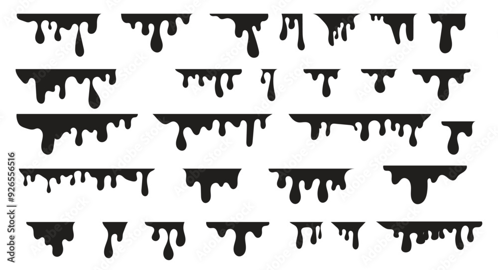 Naklejka premium Dripping symbols set. liquid ink, paint drip and drop. oil, blood, water etc.