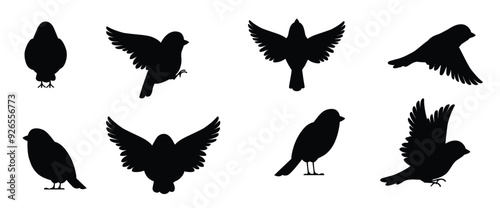 Black silhouette. icon set of sparrow bird. character . bird icon in different side of view. cute sparrow for world sparrow day. illustration.