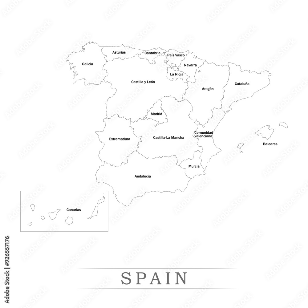 Administrative regions of SPAIN. Province, state, division name with white map with black outline. Vector illustration Administrative regions of SPAIN. Province, state, division name with white map with black outline. Vector illustration