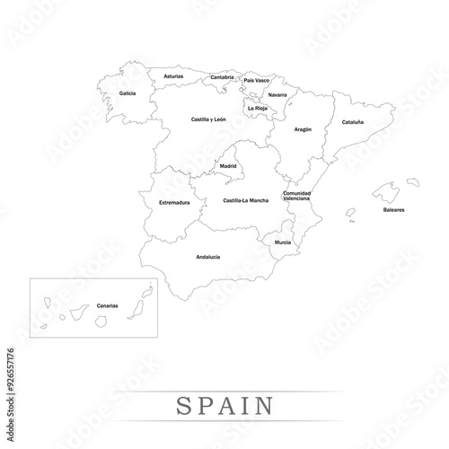 Administrative regions of SPAIN. Province, state, division name with white map with black outline. Vector illustration 