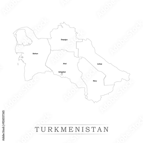 Administrative regions of TURKMENISTAN. Province, state, division name with white map with black outline. Vector illustration 